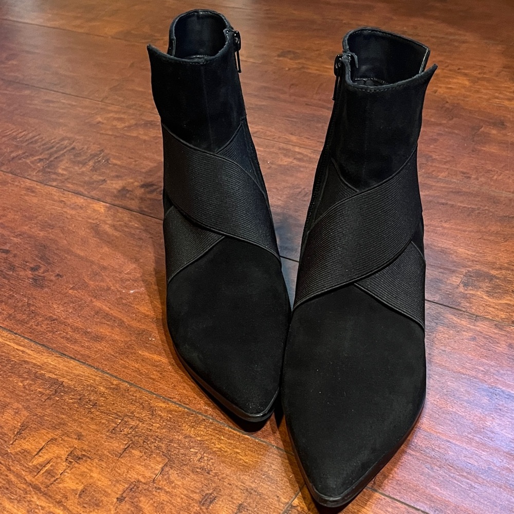 Vaneli Black Velvet Pointed Toe Ankle Booties with Crossband Detail